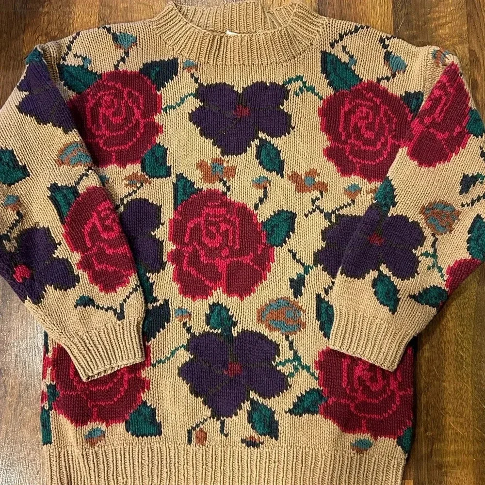 Brooks Brothers Floral Crewneck Sweater in Beige, Red, Purple, Green